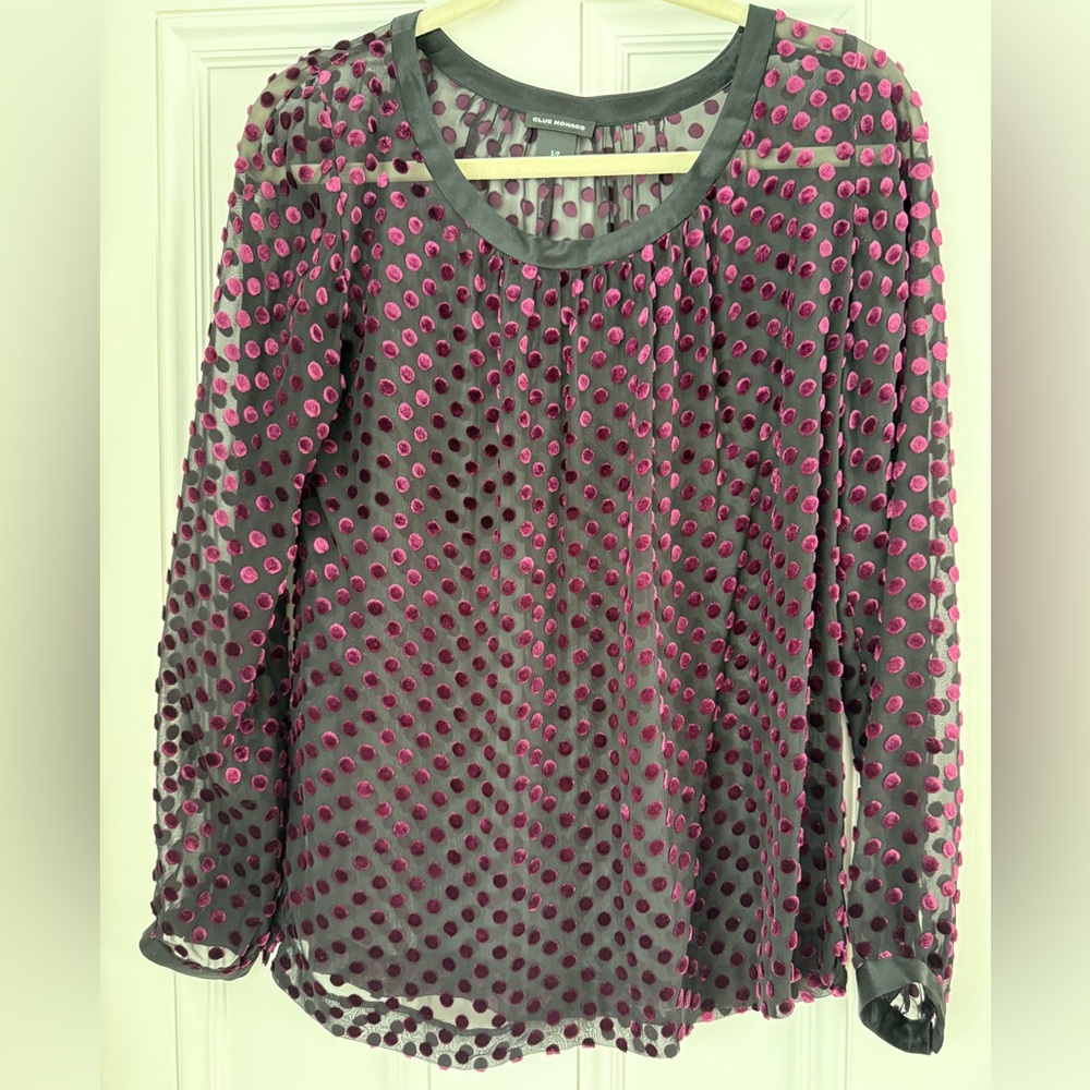 Club Monaco Sheer Pink and Black Polka Dot Blouse